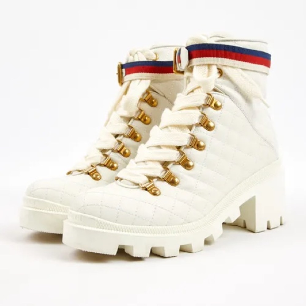 GUCCI SYLVIE STYLE WHITE GOLD LEATHER LACE UP BOOTS BOOTIES LEATHER PLATFORM